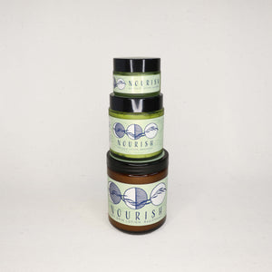Three stacked jars of 'Nourish' dry skin lotion on a white background