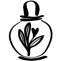 Black line drawing of a glass jar with a plant inside on a white background